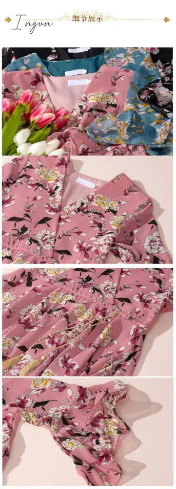 Ingvn - Chiffon High Elastic Waist Party Dress Bow A-line Women Butterfly Sleeve Flower Print Floral Boho Dress Female Vestido Plus Size