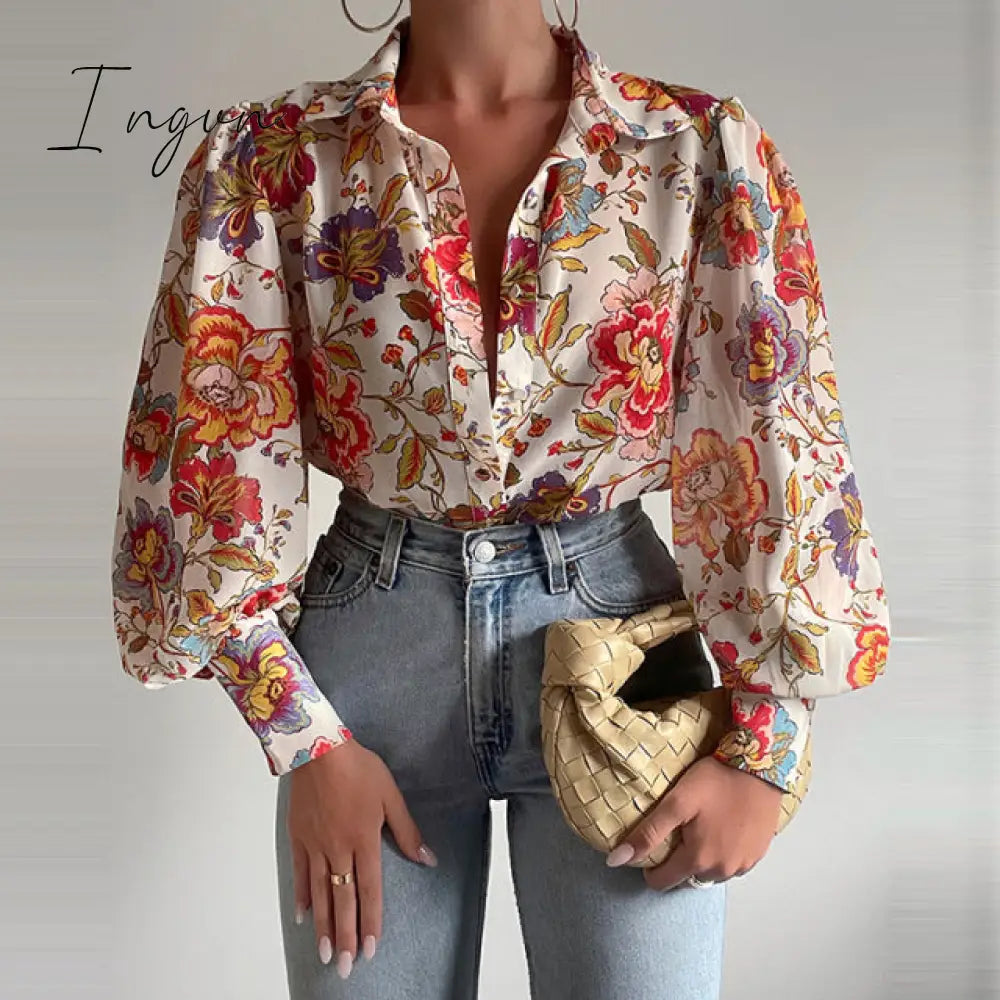 Ingvn - Spring Fashion Women Shirt Lantern Long Sleeves Casual Solid Color Printed Slim Buttons V Neck Blouse Commute High Street Shirts