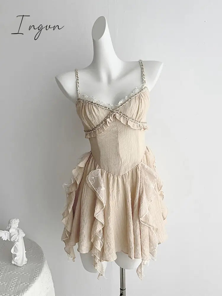 Ingvn - 2023 Summer Women French Ruffle Design Vintage Mini Spaghetti Strap Dress Prom Frocks Aesthetic Party Evening Elegant Luxury New