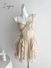 Ingvn - 2023 Summer Women French Ruffle Design Vintage Mini Spaghetti Strap Dress Prom Frocks Aesthetic Party Evening Elegant Luxury New