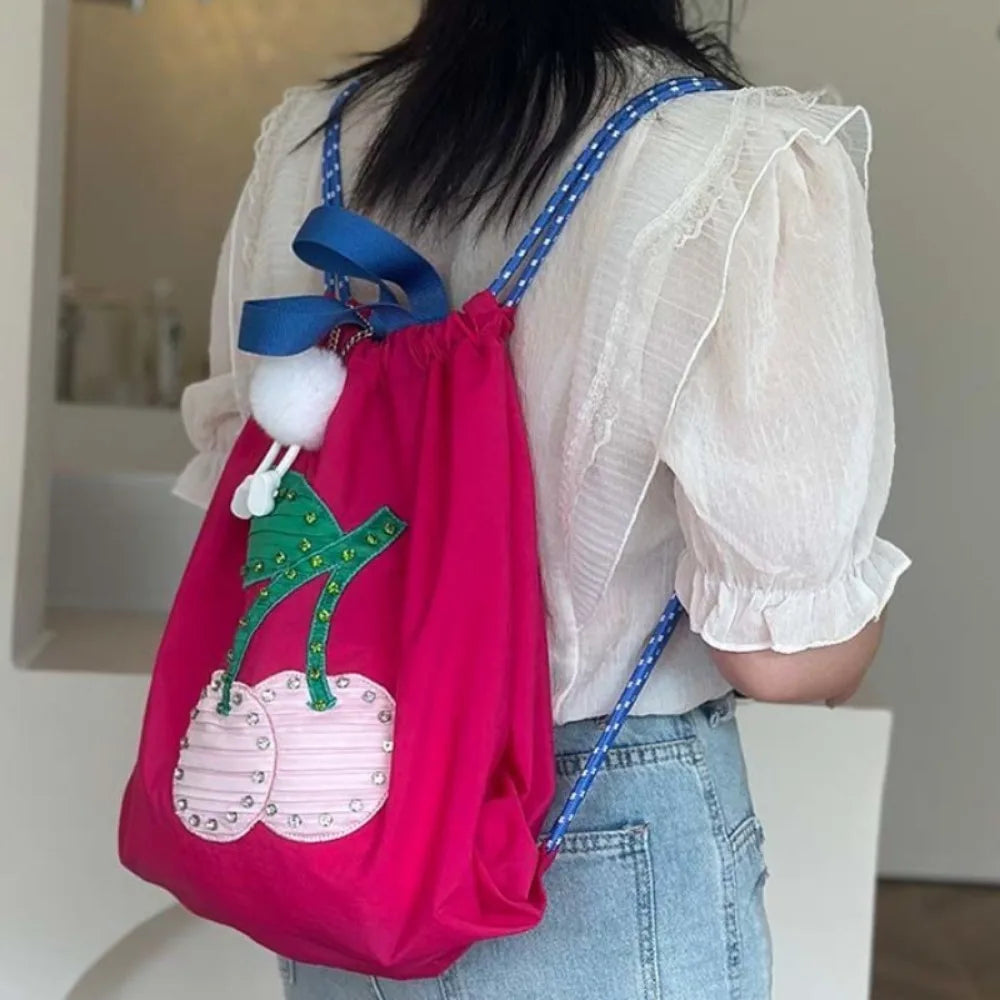 Ingvn  Practical Lovely Korea Drawstring Exquisite Backpacks Sweet Panelled Embroidery Fresh Shopping Bags Print Cherry New Handbags