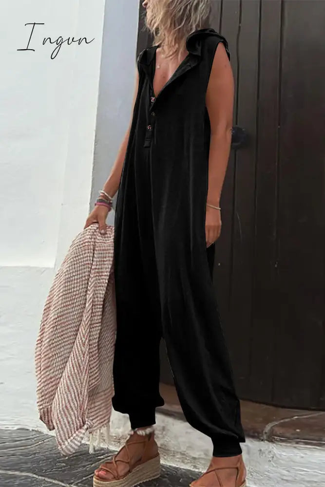 Ingvn - Casual Solid Buckle Hooded Collar Loose Jumpsuits(10 Colors)