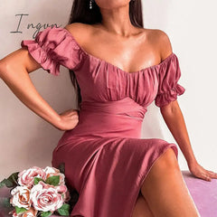 Ingvn - Short Sleeve Bodycon Beach Dresses High Waist A-line Ladies Party Vestidos Elegant Solid V-neck Summer Women Dress