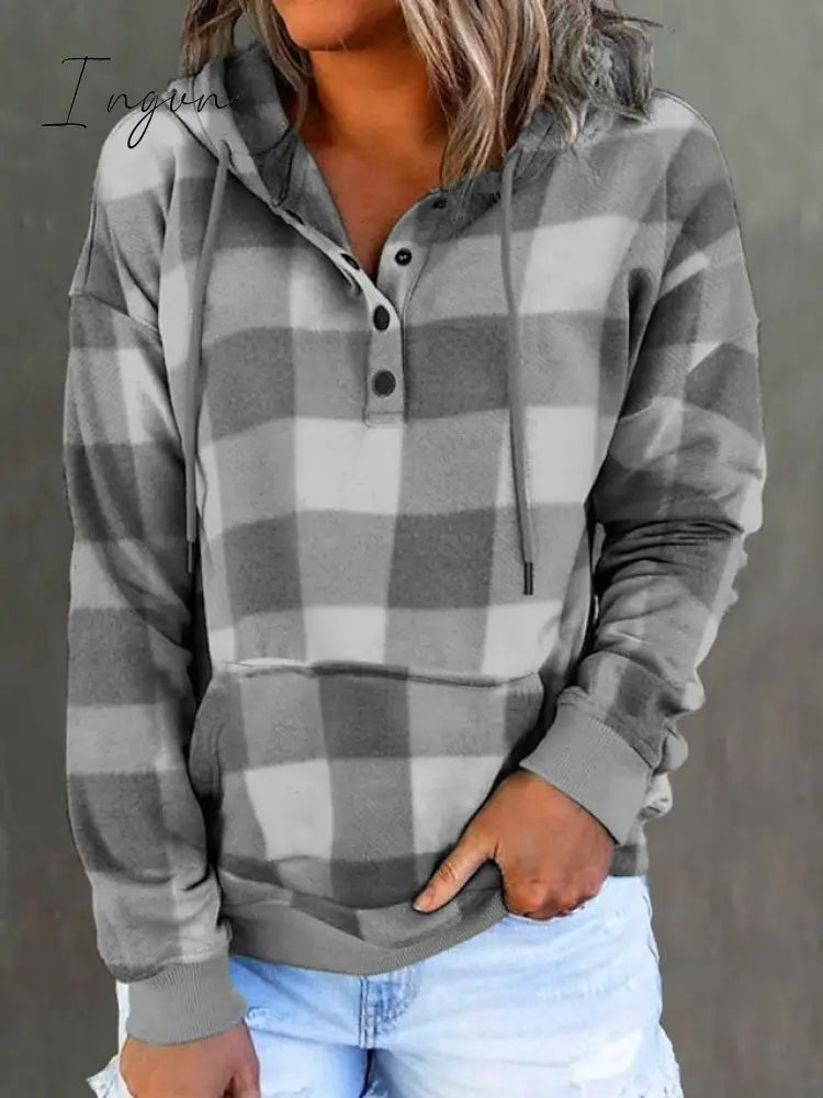 Ingvn - Women's Hoodie Sweatshirt Pullover Fashion Button Drawstring Front Pocket Red Blue Purple Plaid Casual Hoodie Long Sleeve Top Micro-elastic Fall & Winter