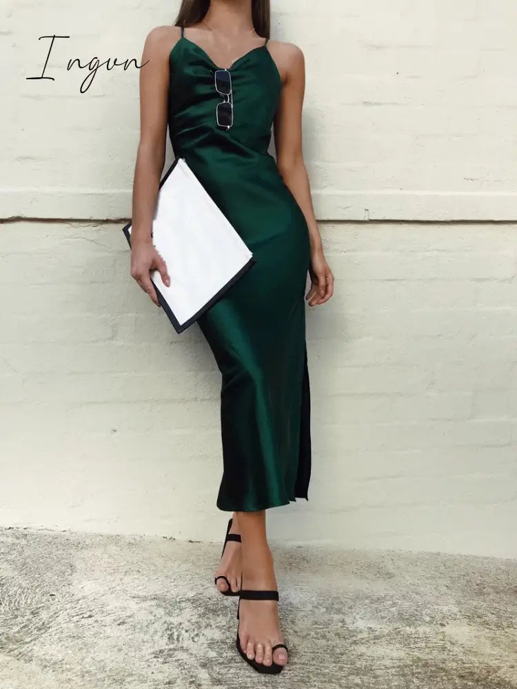 Ingvn - Summer Sleeveless Spaghetti Strap Black Silk Long Dress Sexy Backless Elegant Satin Bodycon Party Dress Woman Split Midi Dresses