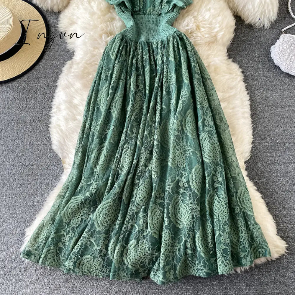 Ingvn - Vintage Purple/Green/Red Lace Midi Dress Women Sweet Round Neck Ruffle Vestidos Female High Waist Slim Robe Spring Autumn