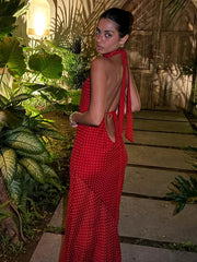 Fashion Polka Dot Print Maxi Dress Women Scarf+Halter Low-Neck Bandage Backless Robe Vacation Trend Elegant Vestidos