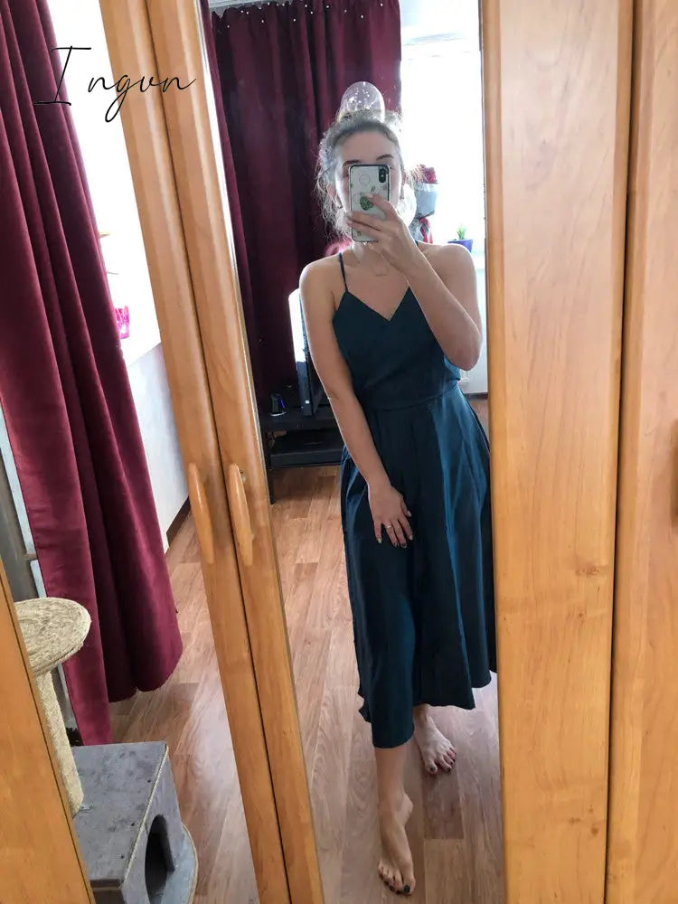 Ingvn - Boho Slim V Neck Summer bandage backless Maxi Long Dress Women Casual spaghetti strap Party Beach Holiday elegant tunic dress