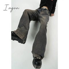 Ingvn - Winter Vintage Dark Blue High Waist Women Jeans American Fashion Streetwear Wide Leg Denim Trouser Straight Baggy Denim Pants