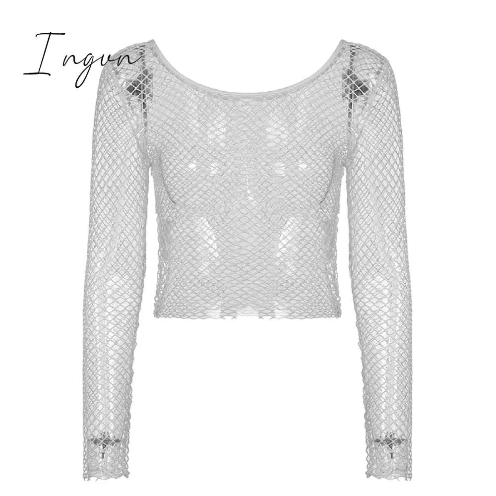 Ingvn - Hot Sell Hollow Out See Through Sexy Slash Neck Fishnet Mesh T-Shirts Women Cute Club Outfits Off Shoulder Long Sleeve Crop Tees