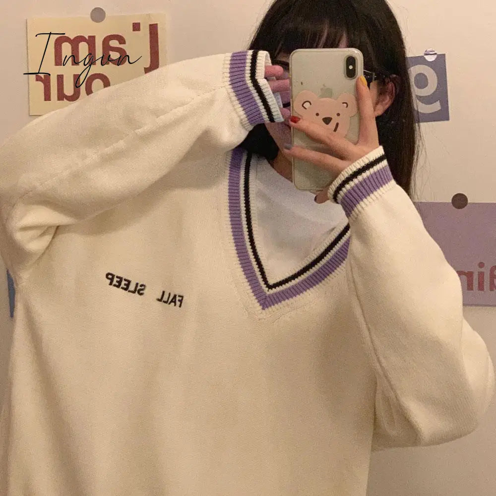 Ingvn - 2023 Fashion Trends Sweaters Women Ulzzang Letter Chic Vintage V-neck Daily Oversize Preppy Girls Knitwear Fall Casual All-match Ins Womens Sweater