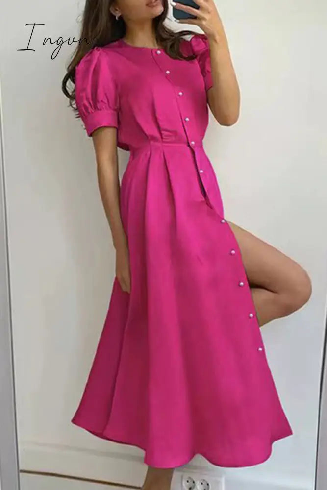 Ingvn - Elegant Solid Buckle O Neck A Line Short Sleeve Dress(5 Colors)
