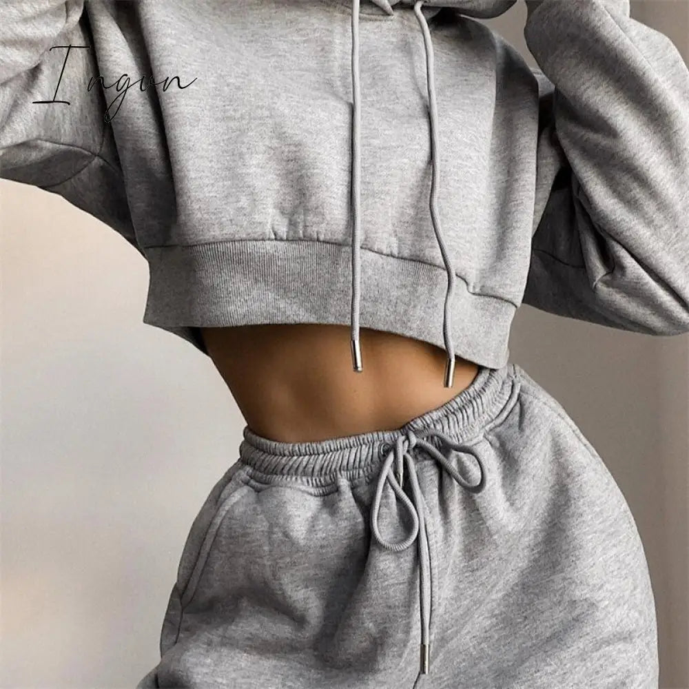 Ingvn - Tracksuit Women Two Piece Set Spring Clothes Solid Hooded Fleece Sweatshirt Crop Top and Pants Sport Jogging Suit Female Outfits