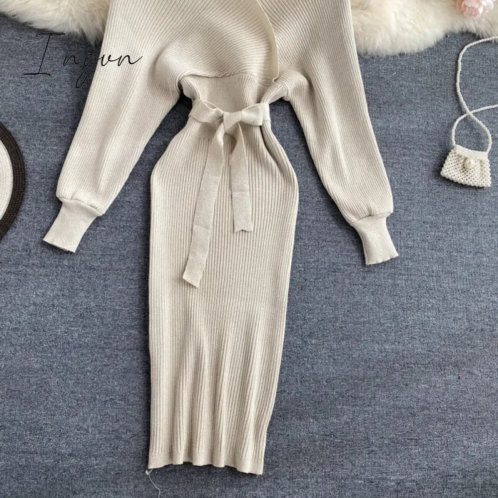 Ingvn - Women Shiny Knitted Dress Sexy V Neck Puff Sleeve Elastic Sheath Knitting Dress Autumn Solid Bow Sashes Pencil Dress