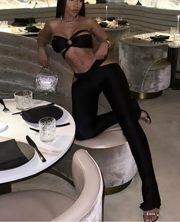 Sexy Stunning Women 2 Piece Coquette Solid Hollow Halter Crop Tanks+Slash Waist Slim Pants Female Clubwear Midnight Sets