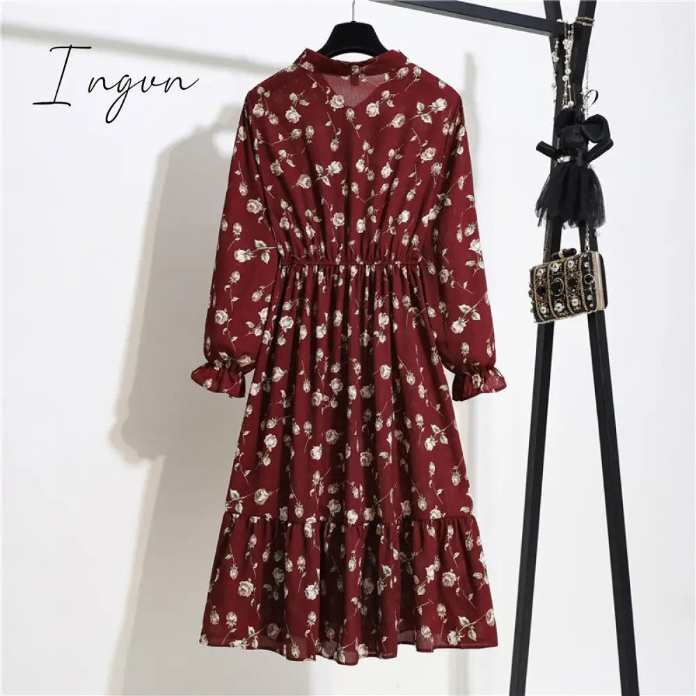 Ingvn - 11 Style Beautiful Fashion Summer Women Long Sleeve Dress Retro Collar Casual High Waist Dresses Floral Print Chiffon Clothing
