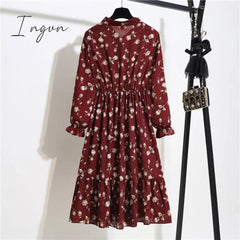 Ingvn - 11 Style Beautiful Fashion Summer Women Long Sleeve Dress Retro Collar Casual High Waist Dresses Floral Print Chiffon Clothing