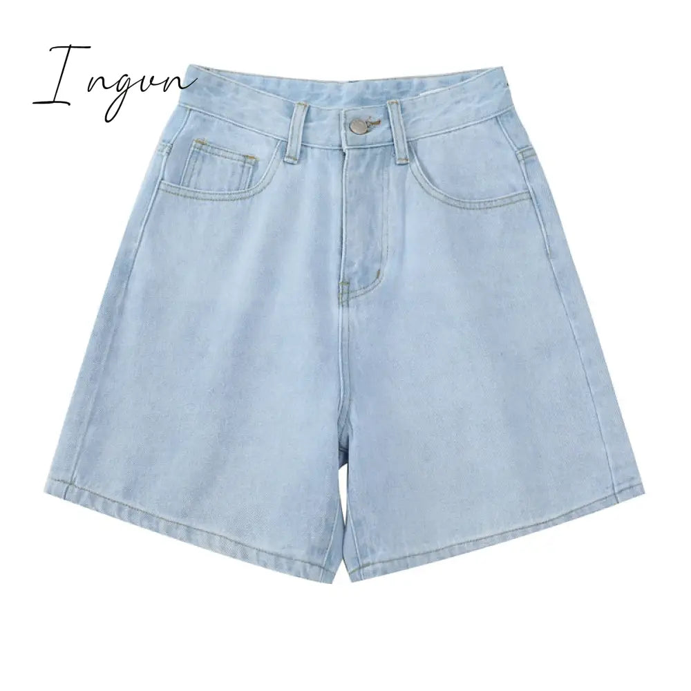 Ingvn - Women's Short Summer High Waist Jeans Baggy Straight Five Points Trousers Streetwear Vintage Mom Denim Wide Leg Short Pants