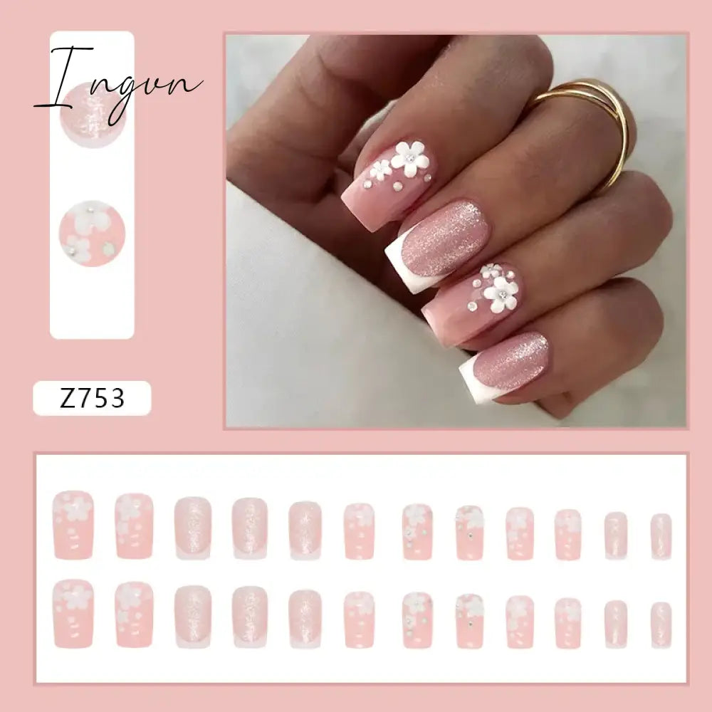 24pcs/Box Gradient Nail Art Patches False Nails Short Square Nail Blue Starry Glitter Teardrop Diamond Fake Nail Tips