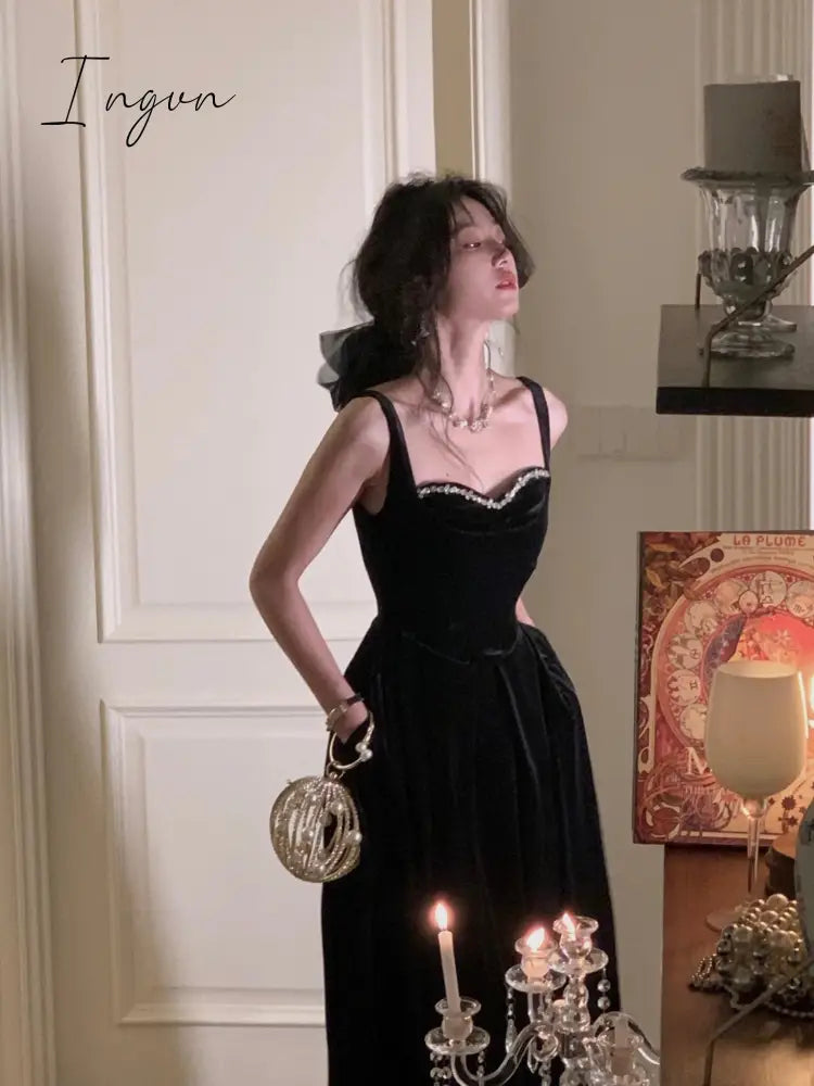 Ingvn - Summer New Elegant Spaghetti Strap Velvet Vintage Black Dress Women Sexy Prom Evening Party Fashion Clothing