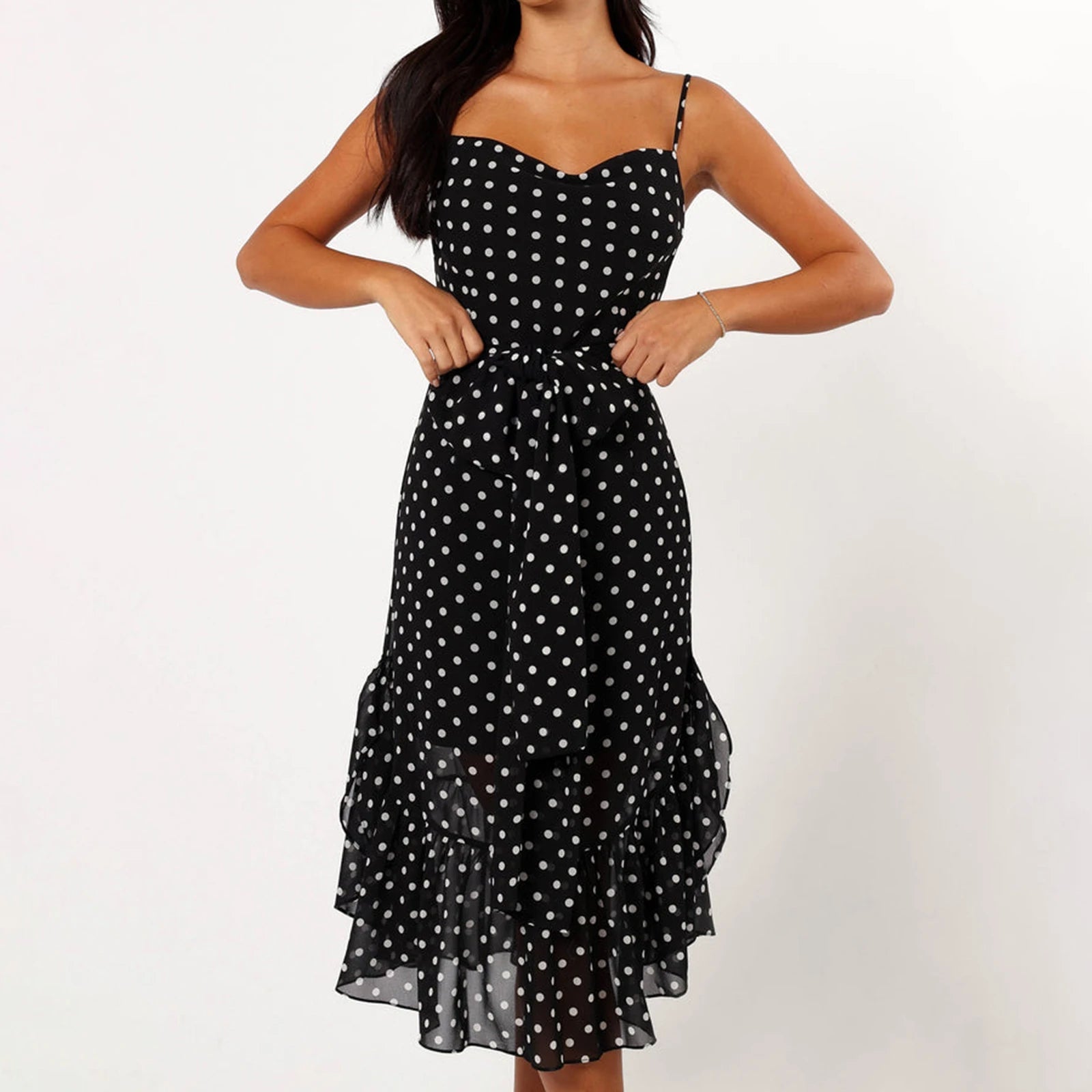 Women Summer Spaghetti Strap Dress Casual Dot Print Ruffle Party Dress and Scarf for Vacation Beach Streetwear