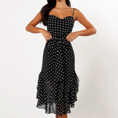 Women Summer Spaghetti Strap Dress Casual Dot Print Ruffle Party Dress and Scarf for Vacation Beach Streetwear