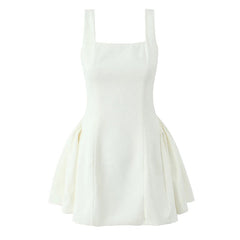 Elegant White Evening Party Mini Dresses For Women Square Neck Sleeveless  Pleated Hem Ball Gown Dress Summer Robe