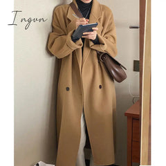 Ingvn - Elegant Women Double Breasted Loose Woolen Coat Lapel Collar Long Sleeve Casual Solid Women's Casual Oversize Coat Autumn Winter