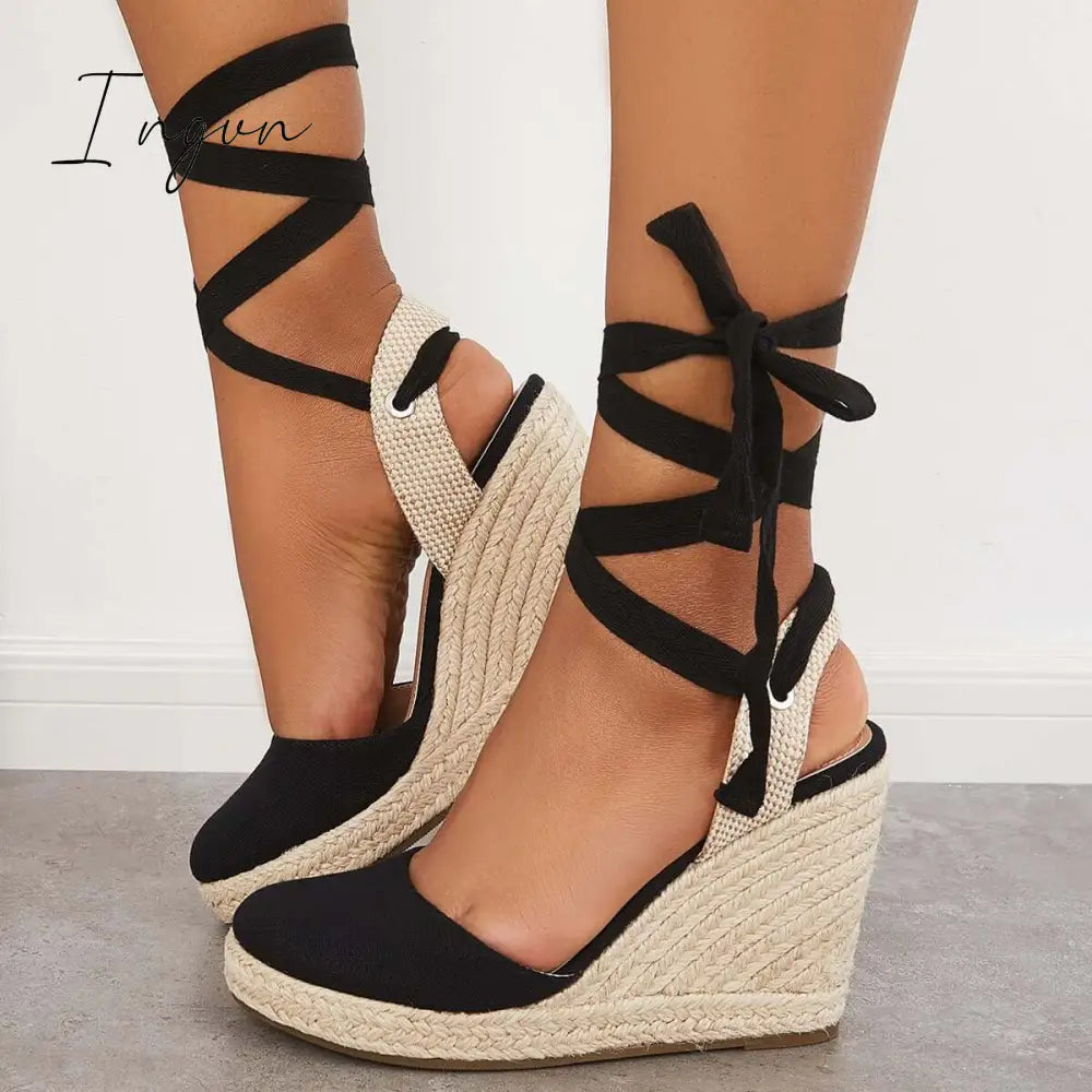 Ingvn - Lace up Espadrille Wedges Platform Heel Singback Sandals
