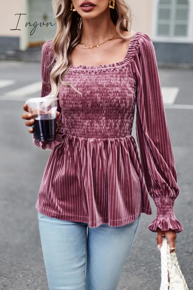 Ingvn - Elegant Solid Fold Square Collar Tops