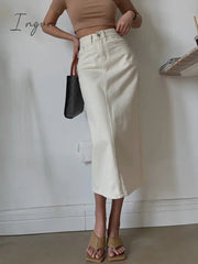 Ingvn - Fashion Trends Straight Bodycon Long Jeans Skirt Women Solid White Vintage Split High Waist Denim Skirt Midi Elegant Summer