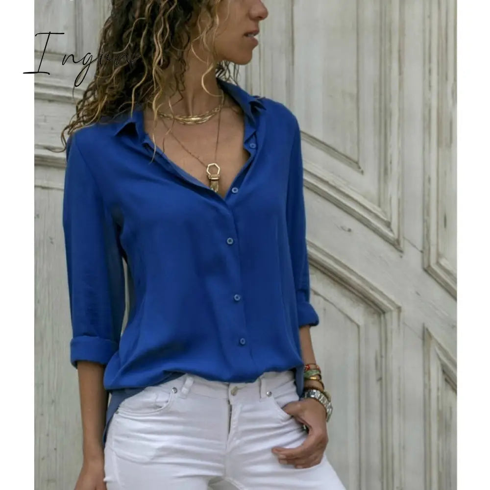 Ingvn - Elegant Long Sleeve Oversized Solid V-Neck Chiffon Blouse Summer Women Tops Female Office Shirts Casual Regular