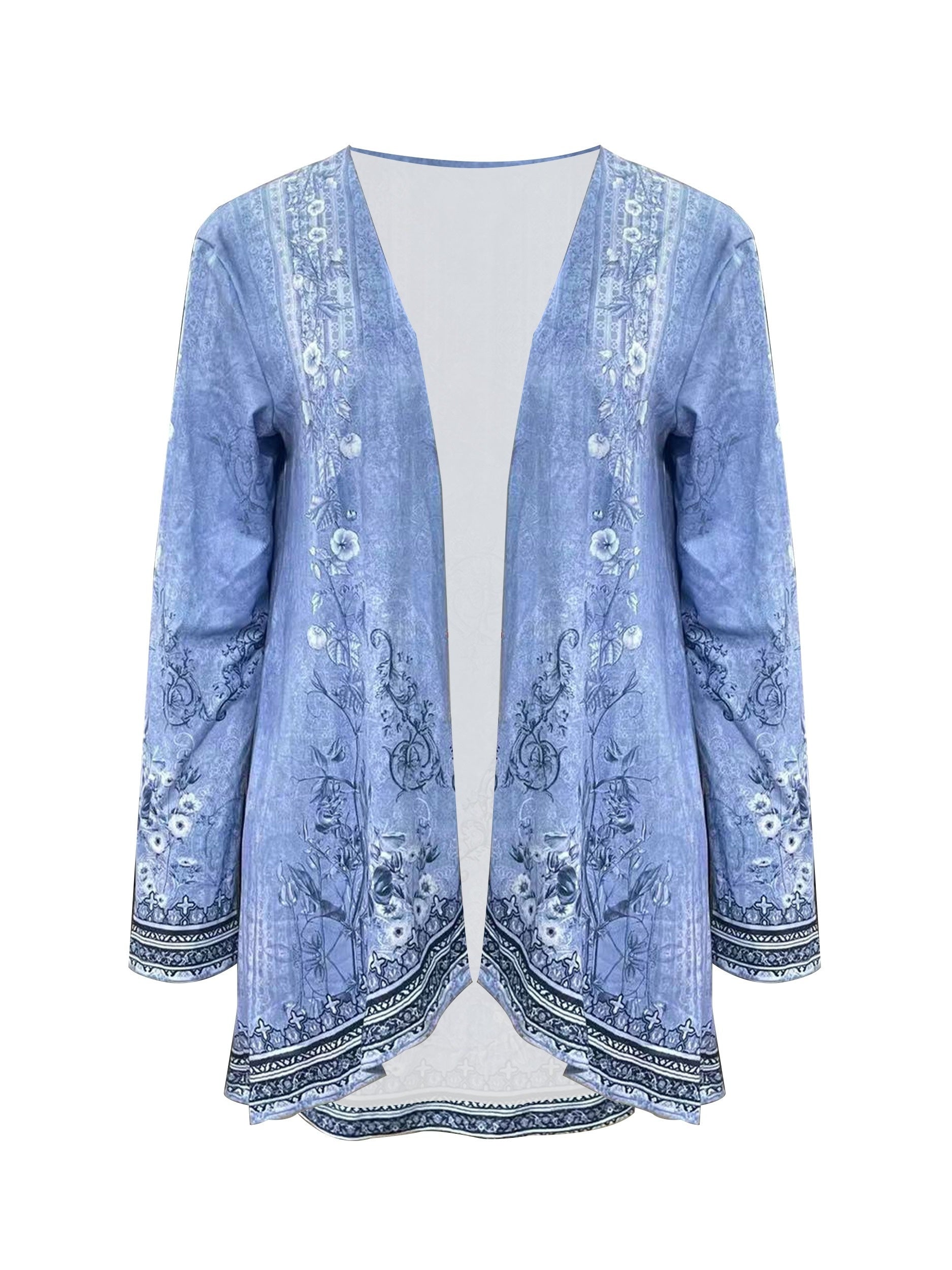 Floral Print Open Front Tunics, Casual Dipped Hem Long Sleeve Outwear For Spring & Fall, Women's Clothing