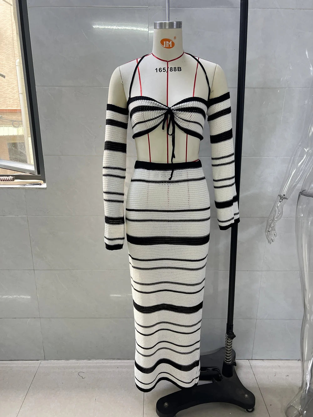 Sexy Knitted Sling Bikini Long Skirts Suit Women Casual Strap Lace Up Tube Tops + Skirt 2 Pieces Set Female Summer Beach Outfit