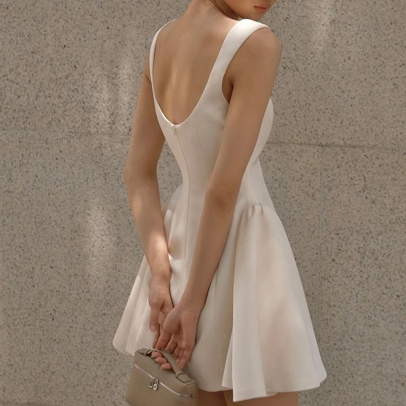 Elegant White Evening Party Mini Dresses For Women Square Neck Sleeveless  Pleated Hem Ball Gown Dress Summer Robe