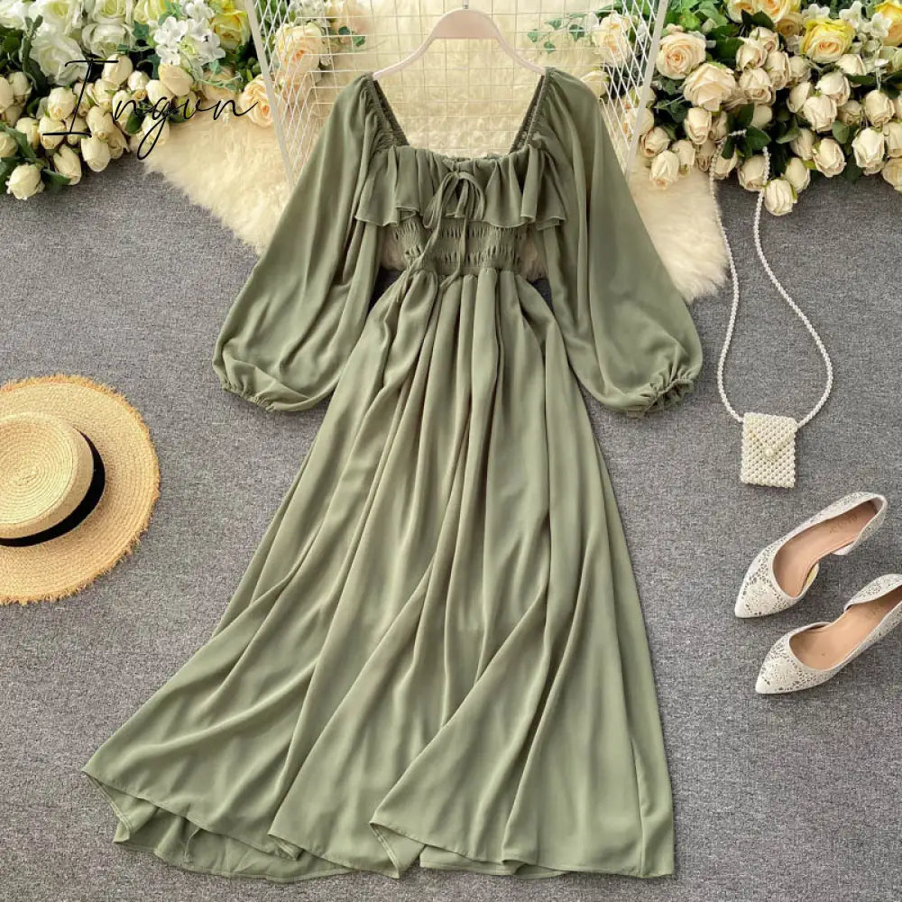Ingvn - Woherb Chic Elegant Square Collar Maxi Dress Women Solid Chiffon Puff Sleeve Dresses Korean Fashion Vintage Ruffle Vestidos