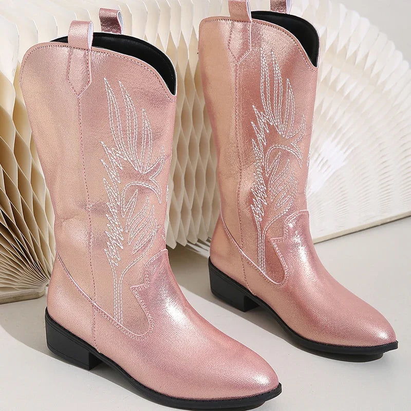 Ingvn  Vintage Thick Heel Women Western Cowgirl Boots Fashion Slip On Shoes Autumn Winter Embroidery Ladies Mid Calf Booties