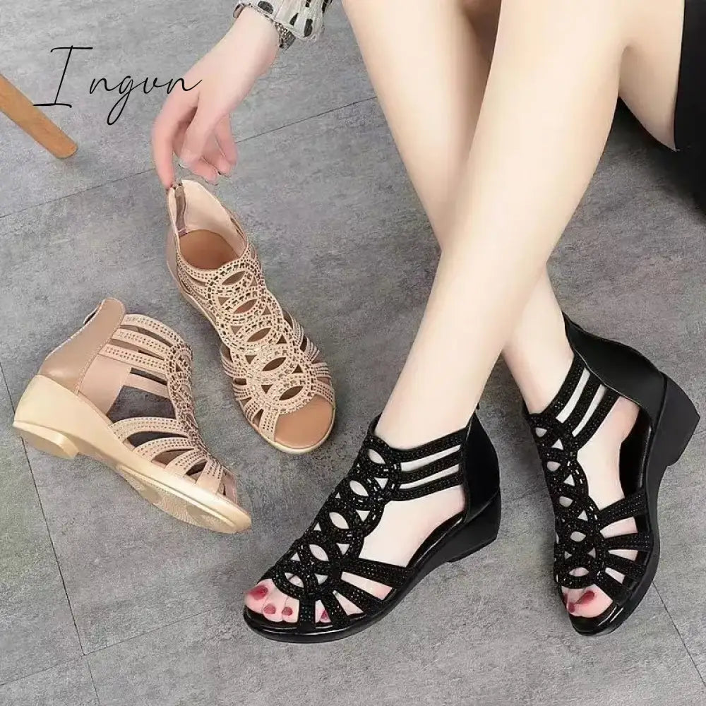Ingvn - 2024 Women's Sandals Soft and Comfortable Wedge Heel Platform Roman Shoes Fashion Casual Hollow Breathable Rhinestone Sandals