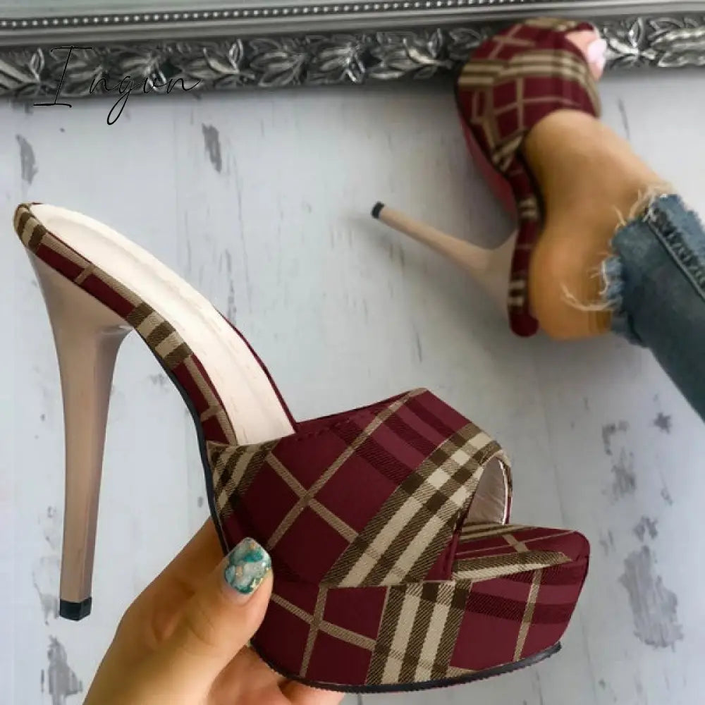 Ingvn - Women's Peep Toe Plaid Slip-on Stilettos Thin Heels