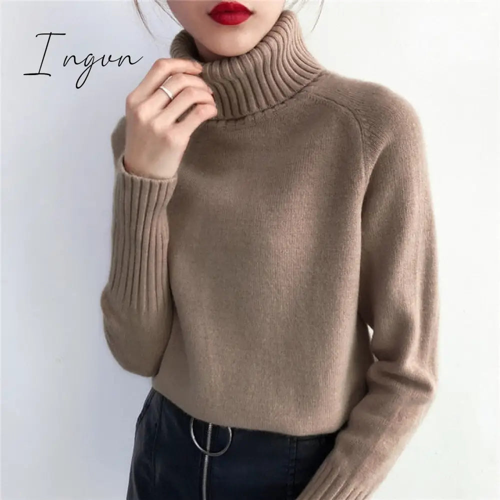 Ingvn - Cashmere Knitted Sweater Women Autumn Winter Korean Turtleneck Long Sleeve Pullover Female Jumper Green Knitwear