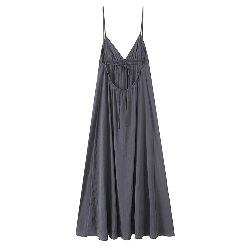Sexy Backless Flowy Midi Slip Dress Women High Waist V Neck A-line Holiday Summer Dresses Casual Beach Vestidos