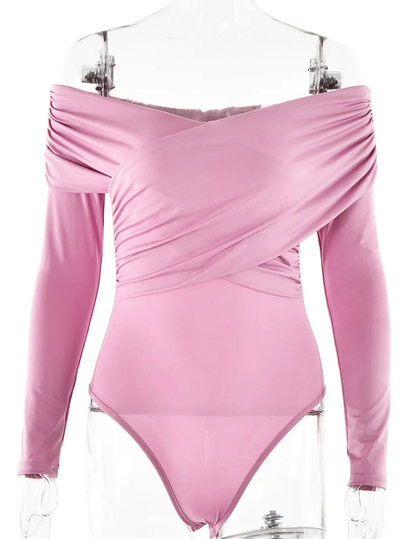 Ingvn  Sexy V-neck Long Sleeve Bodysuits Fashion Autumn Off Shoulder One Piece T-shirts Streetwear Female Folds Pink Tops Jumpsuit