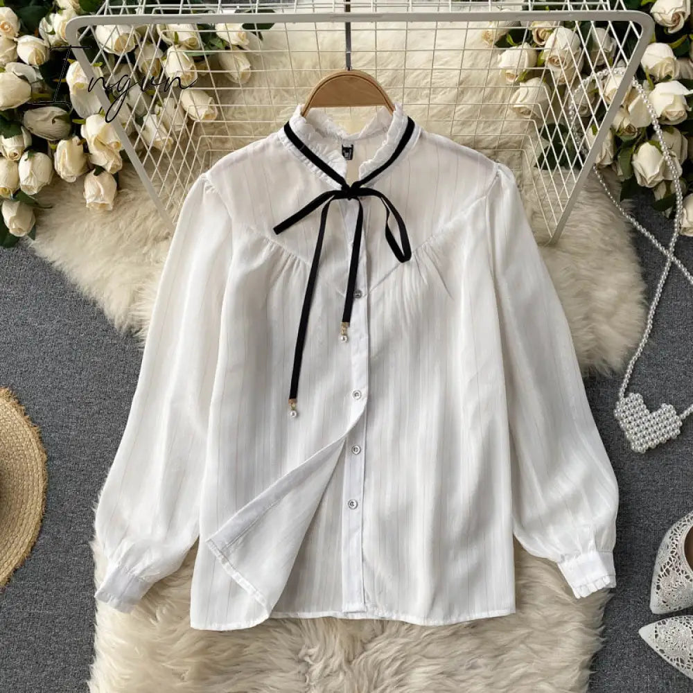 Ingvn - Spring Autumn Elegant 2 Piece Set Overalls Dress Women Bow Collar White Shirt Top+ Irregular Flower Print V-Neck Vest Dress