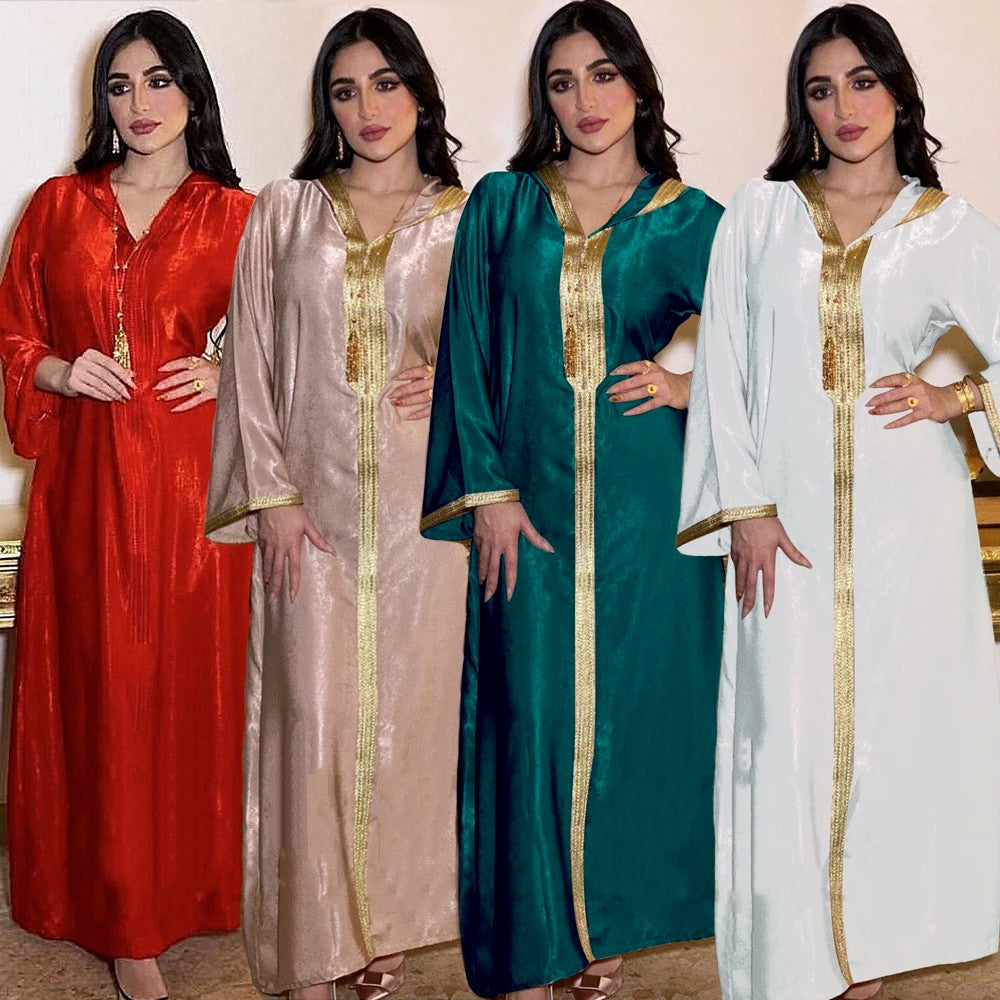 Muslim Abaya Dress for Women Fall  Champagne Moroccan Kaftan Hooded Robe Turkish Islamic Jalabiya