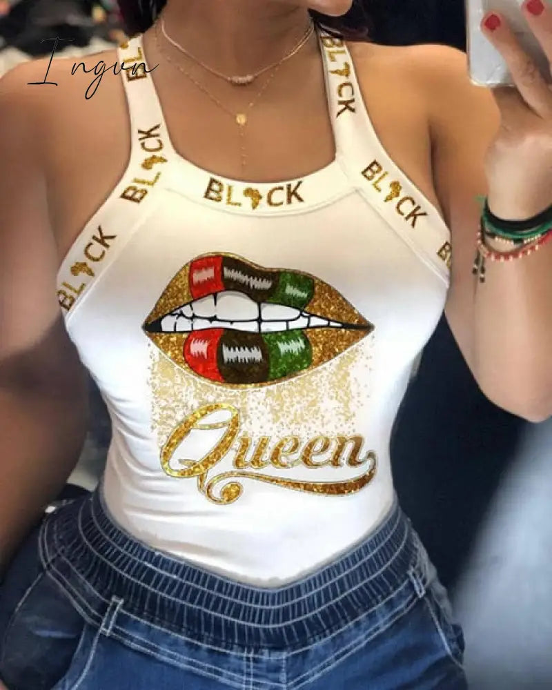 Ingvn - Tank Tops Women U Neck Letter Print Lips Vest Summer Ladies Harajuku Shirts Slim Fit Polyester Sleeveless Top Tshirts