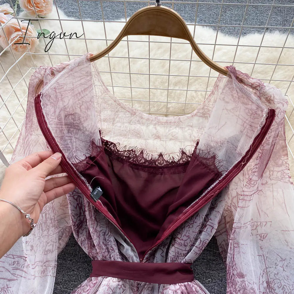 Ingvn - Elegant Women Mesh Dress Vintage Lantern Sleeves Printed Party Dresses Spring Summer Patchwork A Line Bandage Beach Dress