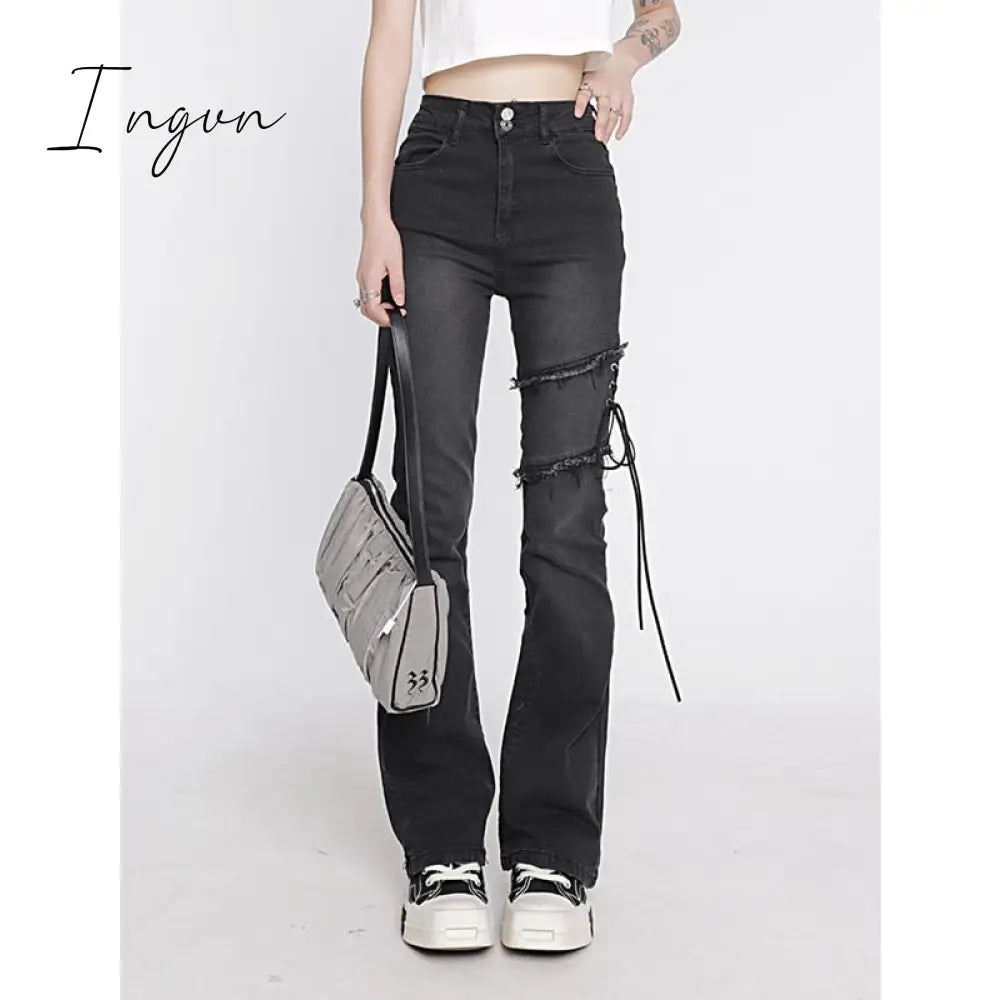 Ingvn - Women's Clothing Flare Jeans Black Lacing High Waist Stretchy Self Cultivation Vintage Casual Baggy Ladies Denim Trouser Summer