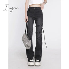Ingvn - Women's Clothing Flare Jeans Black Lacing High Waist Stretchy Self Cultivation Vintage Casual Baggy Ladies Denim Trouser Summer