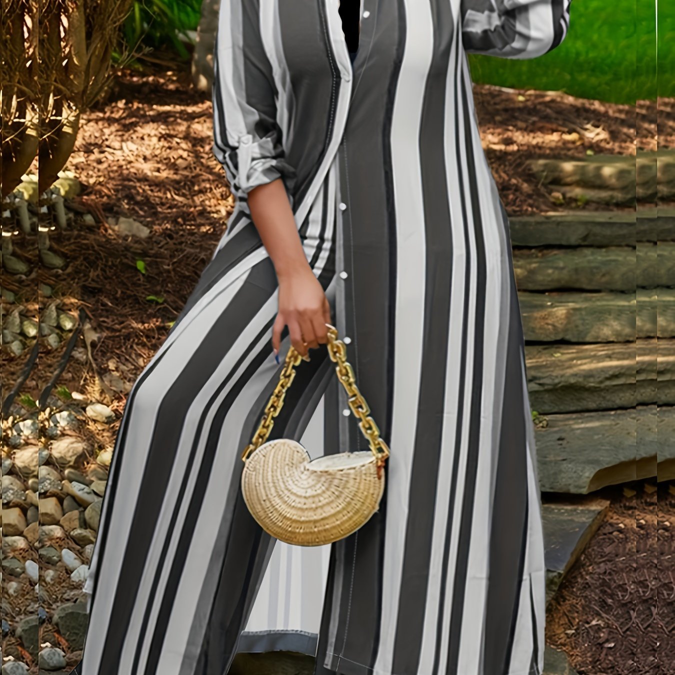 Plus Size Casual Outfits Set, Women's Plus Colorblock Stripe Print Button Up Long Sleeve Turn Down Collar Blouse & Wide Leg Pants Outfits 2 Piece Set