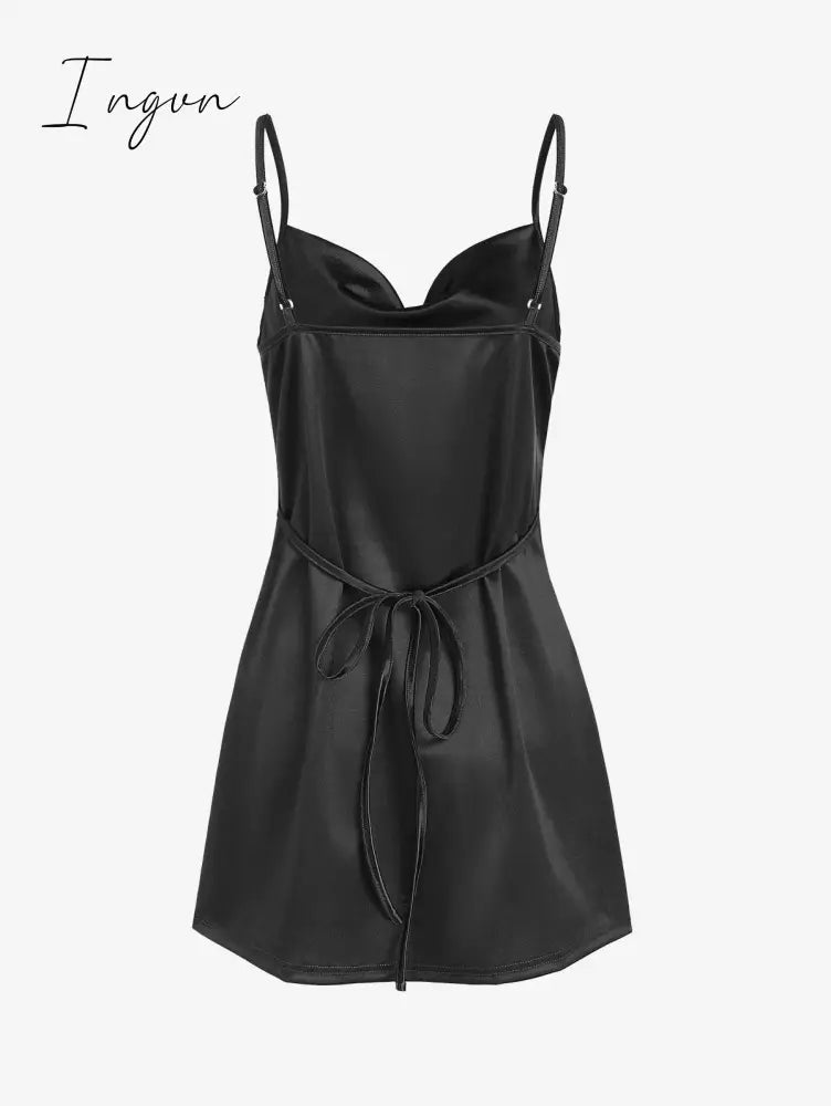 Ingvn - Women's Sexy Satin Dress Spaghetti Strap Slips Nightwear Side Slit Cocktail Party Silk Mini Dresses